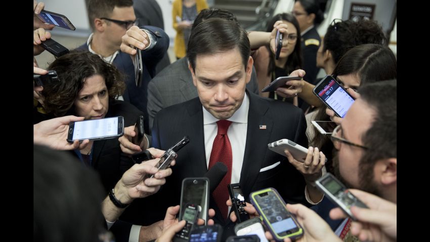 WASHINGTON, DC - MAY 10: Sen. Marco Rubio (R-FL) speaks to reporters on Capitol Hill May 10, 2017 in Washington, DC. Senators from both parties are scrambling to react to President Donald Trump's surprise dismissal of FBI Director James Comey. (Photo by Aaron P. Bernstein/Getty Images)