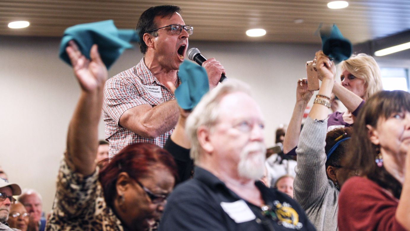 Paul Ziegler yells while asking US Rep. Tom MacArthur a question during a town hall meeting in Willingboro, New Jersey, on Wednesday, May 10. MacArthur, who played a central role in resurrecting the GOP's efforts to repeal and replace Obamacare in the House,<a href="http://www.cnn.com/2017/05/10/politics/tom-macarthur-town-hall/" target="_blank"> faced an explosive crowd</a> in a forum that lasted more than four hours. Throughout the night, MacArthur tried to assure voters that his bill offered adequate protections for people with pre-existing conditions, but constituents struggled to accept his answers.