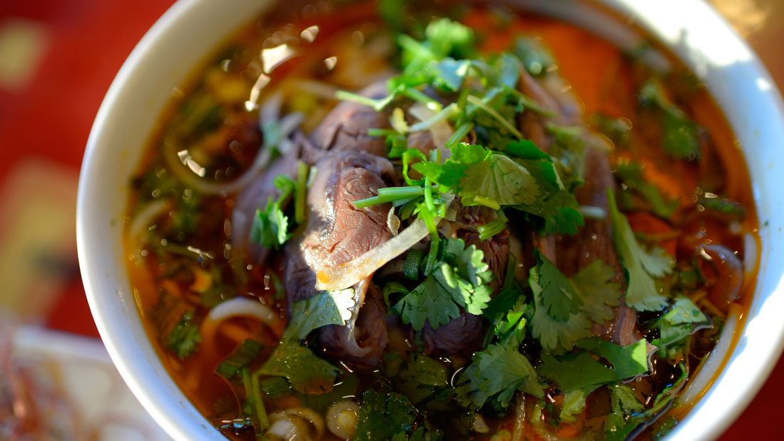 <strong>Bun Bo Hue: </strong>A spicy beef noodle soup harking from the Vietnamese imperial city of Hue (from where it takes its name), Bun Bo Hue is devilishly difficult to make, requiring hours of simmering and a fragrant bunch of herbs to balance its fiery tones. Added at the last minute are cubes of congealed pig's blood, brown or maroon in color and with a texture not dissimilar to tofu.
