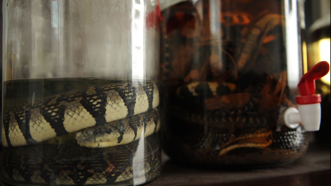 <strong>Snake blood rice wine:</strong> Jars of snake wine on sale at a snake farm in the village of Zisiqiao in eastern China. Snake blood is sometimes infused into rice wine for its purported aphrodisiac qualities. 