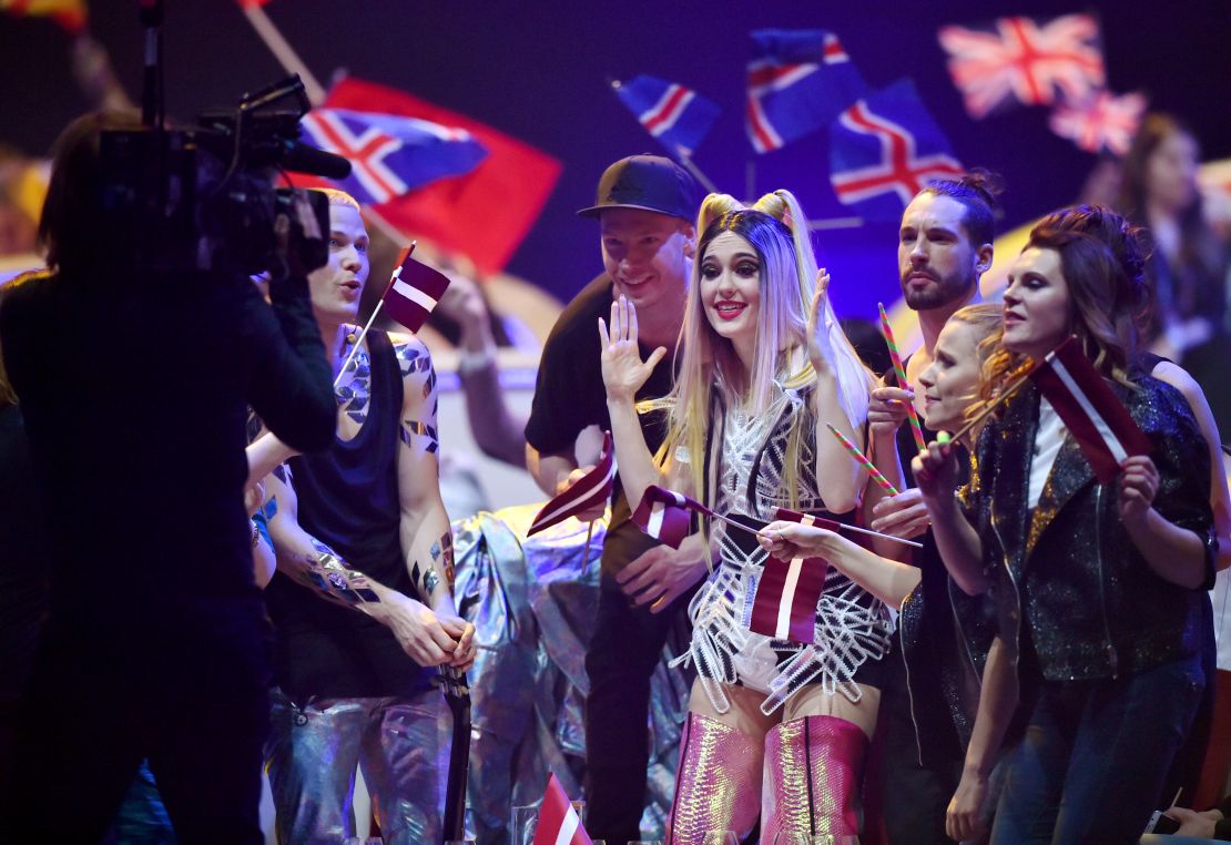 Latvia's contestants react as they go through to the final from the semi-final in Kiev on May 9.