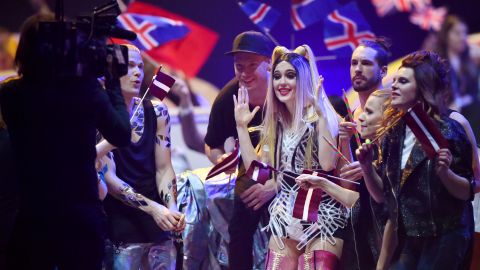 The teams of Latvia reacts as they go to final after the semi-final of the Eurovision Song Contest 2017.