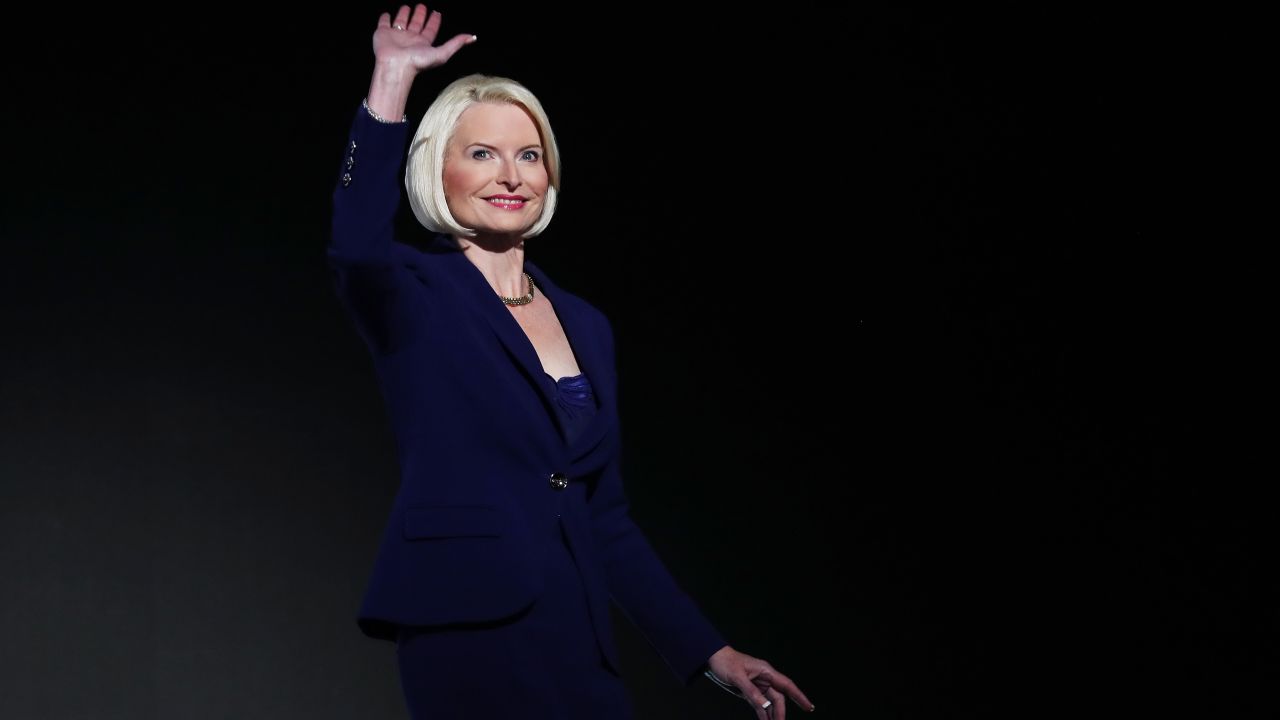 Callista Gingrich, wife of former Speaker of the House Newt Gingrich waves to the crowd during the third day of the Republican National Convention on July 20, 2016 at the Quicken Loans Arena in Cleveland.