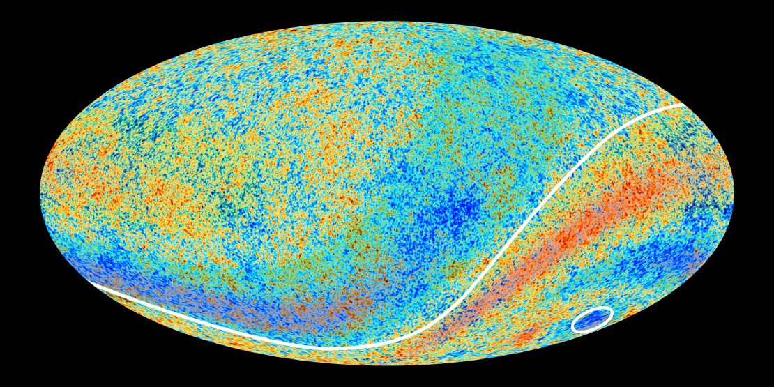 The circled area in this map of the cosmic microwave background left by the Big Bang is the "Cold Spot" that scientists are investigating.