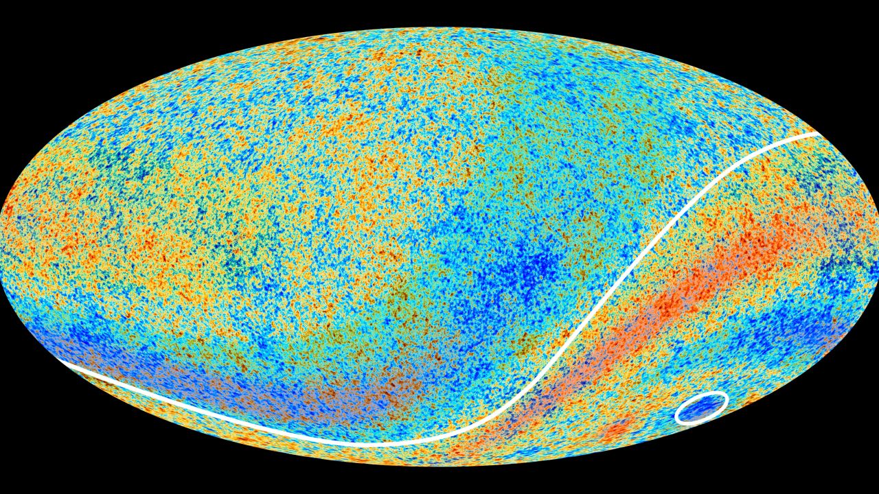 The circled area in this map of the cosmic microwave background left by the Big Bang is the "Cold Spot" that scientists are investigating.