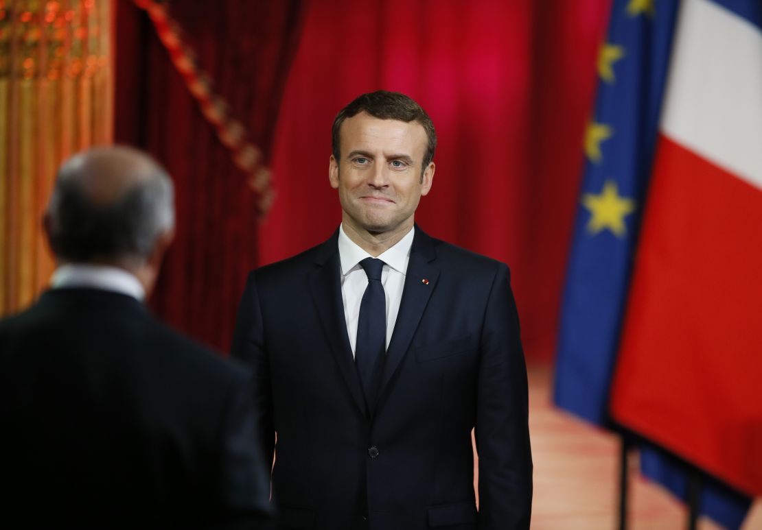 Emmanuel Macron is sworn in as French President at the Elysee Palace in Paris on Sunday. 