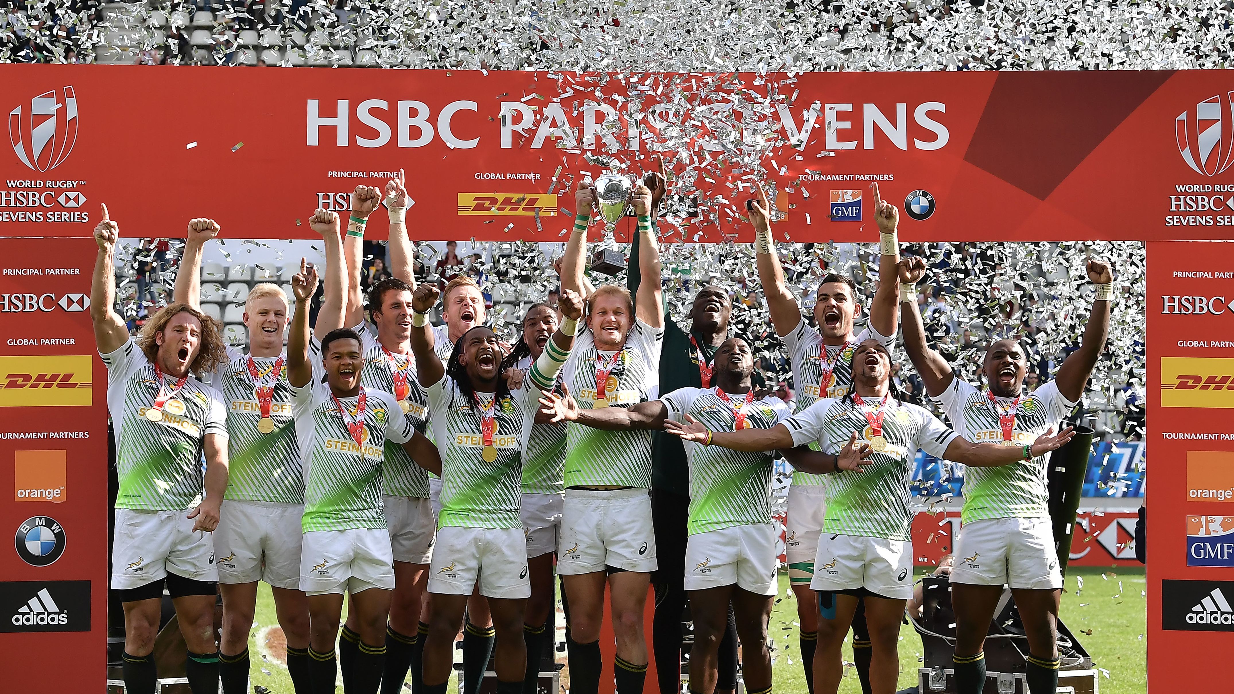 South Africa lifts the World Rugby Sevens Series trophy at Stade Jean Bouin in Paris after beating Scotland 15-5 in the final.