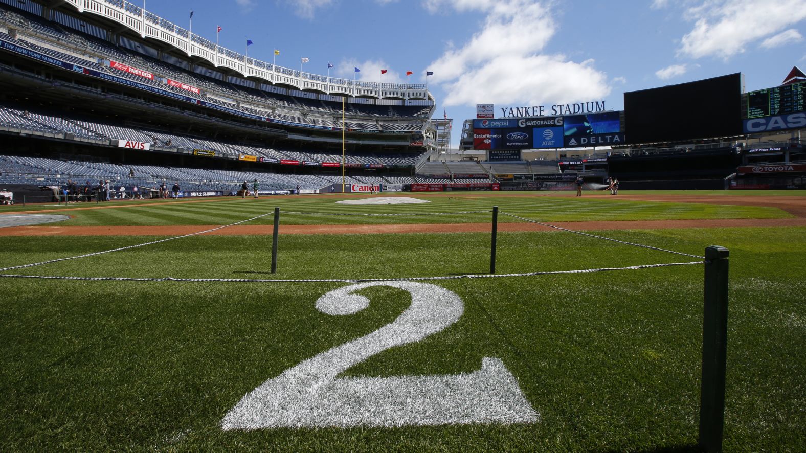 Jeter's number is painted on the field before a game at Yankee Stadium in May 2017. Jeter had his number retired between a doubleheader.