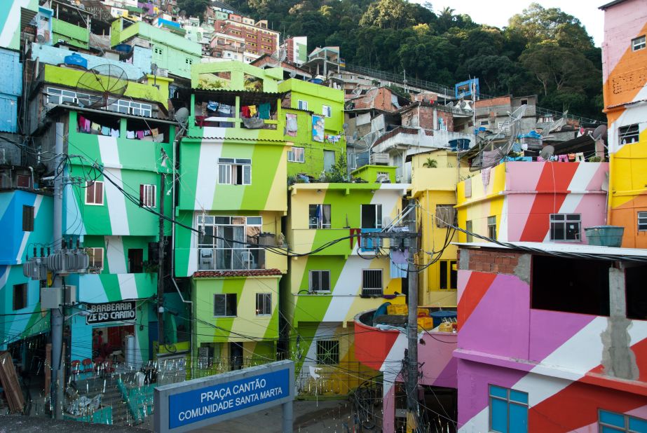 <strong>Rio de Janeiro, Brazil: </strong>Rio's Santa Marta favela is transformed by the rainbow-color stripes that wash over the masonry. 