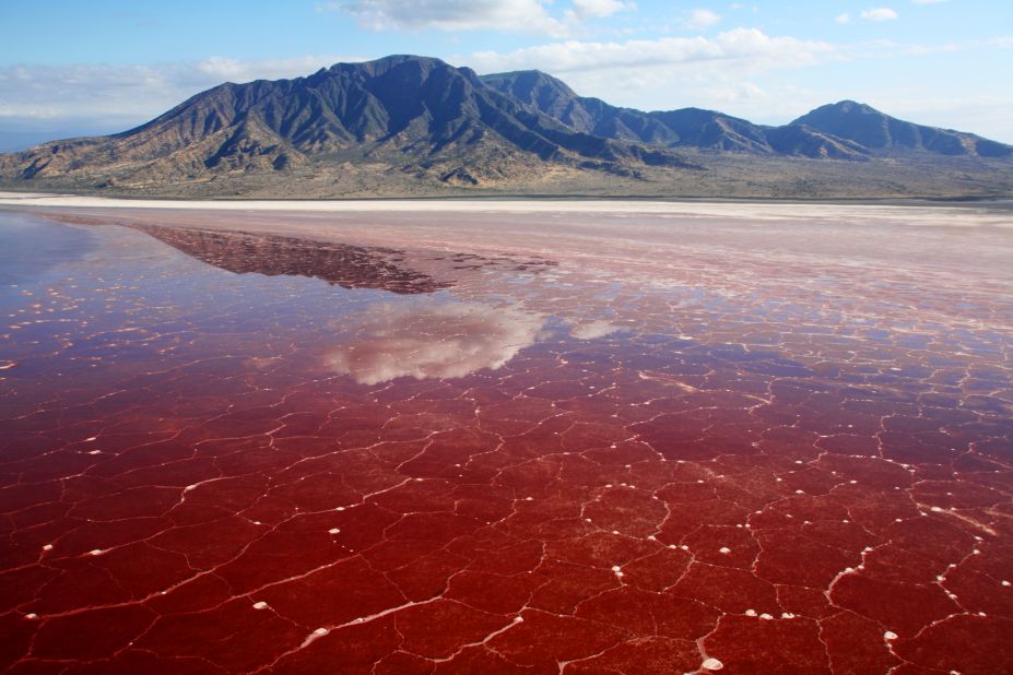 <strong>Lake Natron, Tanzania: </strong>Natron is home to microbes that turn the water into a shocking red color, laced with salty crust that covers the surface in strands of white and pink.