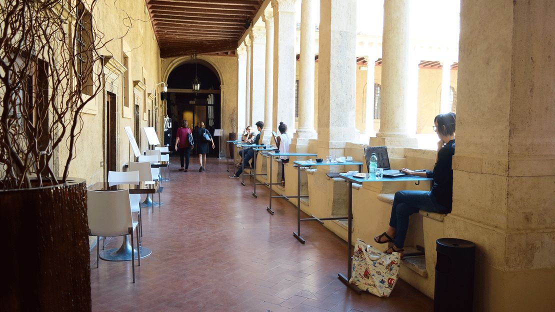The outside tables at Bramante's Cloister Café Bistrot offer a sensory experience.