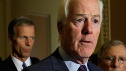Senator John Cornyn(C) (R-TX) speaks to the media as Senate Majority Leader Mitch McConnell(R) ,R-KY, and John Thune(2nd-L), R-SD, and John Barrasso ,R-PA, look on after a policy luncheon on Capitol Hill in Washington, DC on September 27, 2016. / AFP / YURI GRIPAS        (Photo credit should read YURI GRIPAS/AFP/Getty Images)