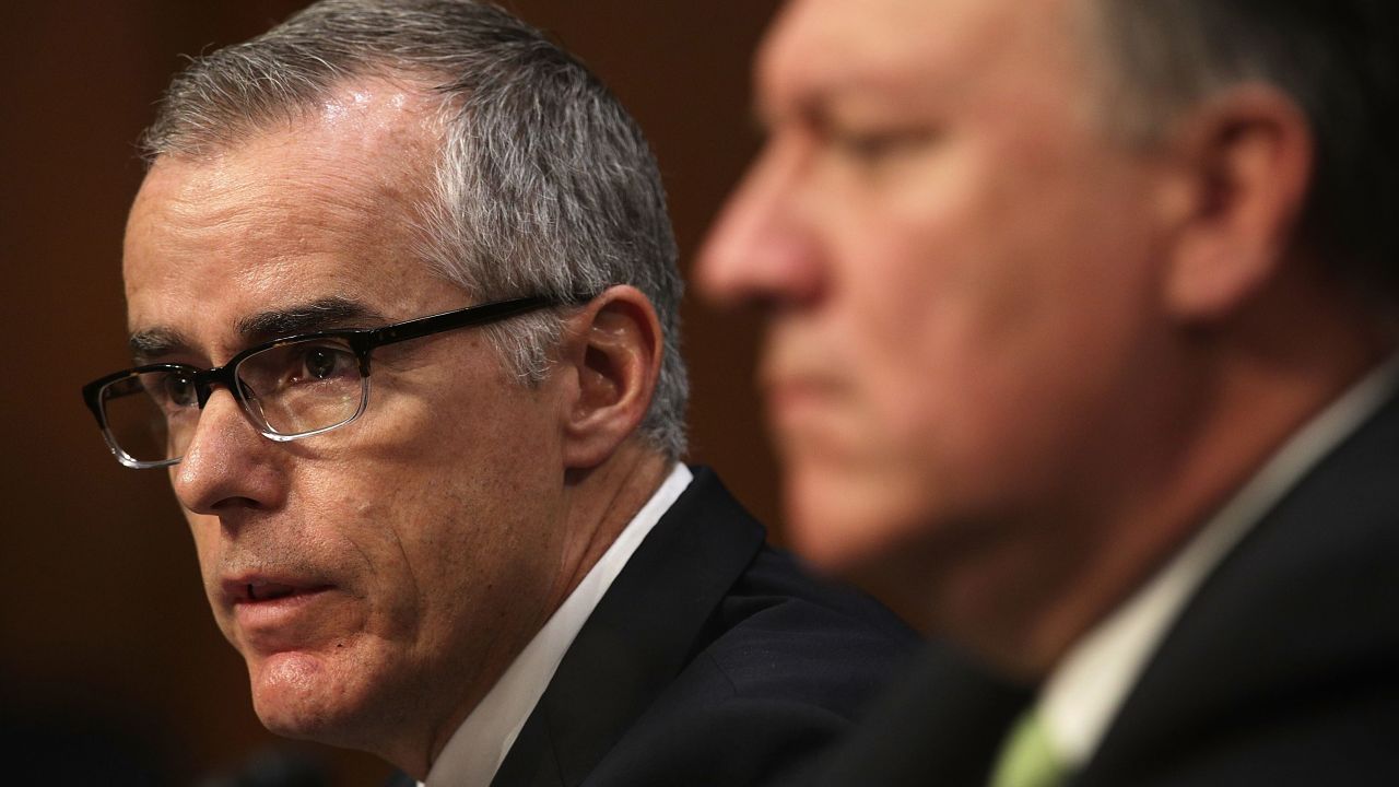 WASHINGTON, DC - MAY 11:  cting FBI Director Andrew McCabe (L) and Central Intelligence Agency Director Mike Pompeo (R) testify before the Senate Intelligence Committee with the other heads of the U.S. intelligence agencies in the Hart Senate Office Building on Capitol Hill May 11, 2017 in Washington, DC. The intelligence officials were questioned by the committee during the annual hearing about world wide threats to United States' security.  (Photo by Alex Wong/Getty Images)