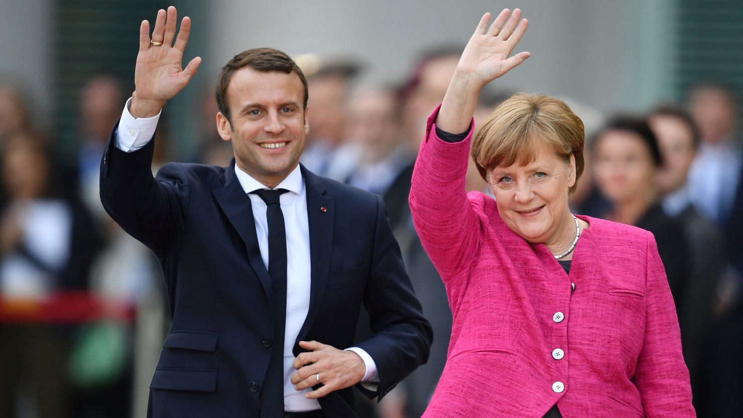 New French President Emmanuel Macron, left, and German Chancellor, Angela Merkel, in Berlin Monday