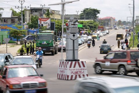 In Kinshasa, the capital of the Democratic Republic of Congo, traffic is a huge issue -- like in many of the world's megacities. Drivers spend hours stuck in traffic jams. A team of Congolese engineers, based at the Kinshasa Higher Institute of Applied Technique, have created human-like robots to help tackle problem. The machines are equipped with four cameras that allow them to record traffic flow. The information is then transmitted to a center where it can be analyzed, and then used to direct traffic.<br /><br /><a href="http://edition.cnn.com/2017/08/22/africa/robots-in-africa/index.html" target="_blank">Read more </a>about robots in Africa. 