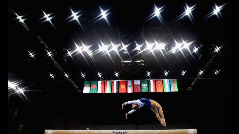 Turkish gymnast Ekin Morova competes on the balance beam Sunday, May 14, during the Islamic Solidarity Games.