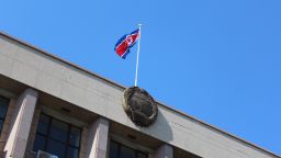The North Korean flag flies over the country's embassy to China in Beijing on May 15, 2017.