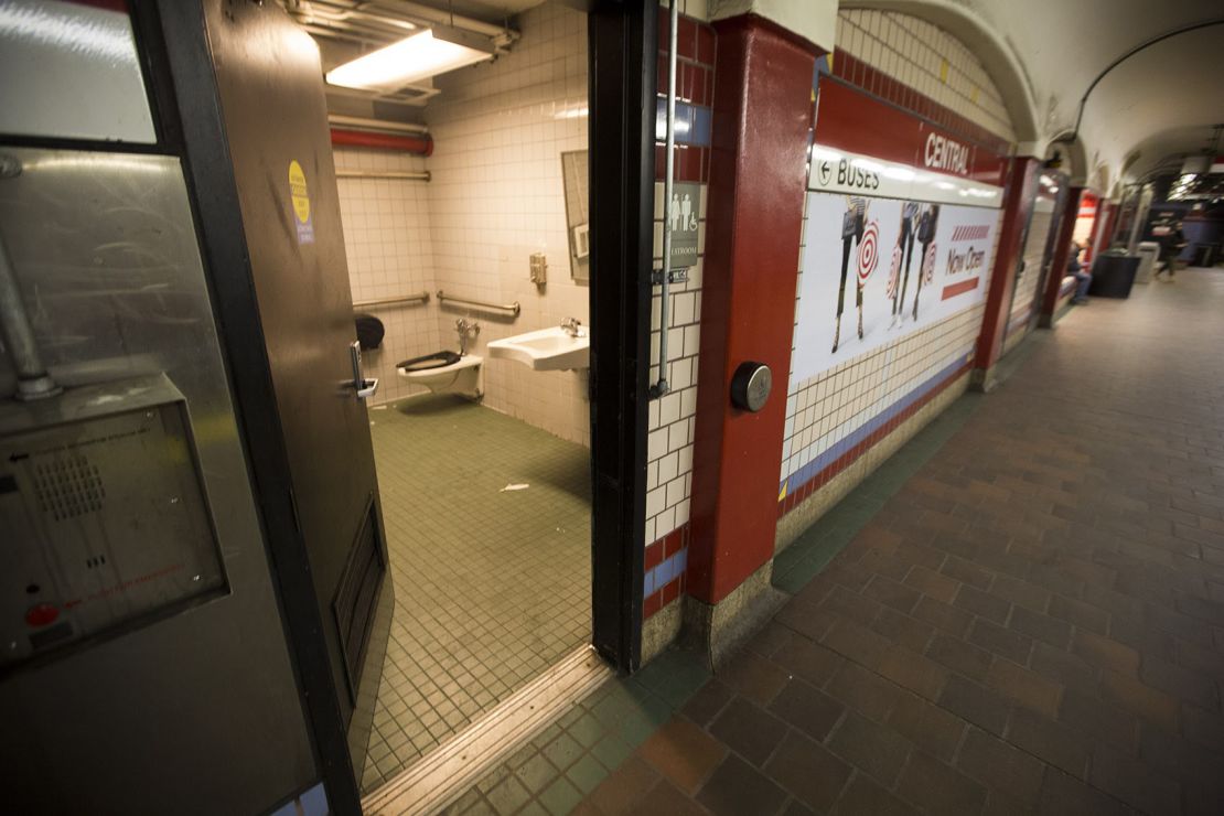 A public restroom on the platform of the Central Square MBTA station in Cambridge, Massachusetts. 