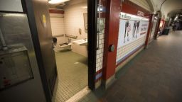 A public restroom on the platform of the Central Square MBTA station in Cambridge, Mass., which people have used as a place for getting high. (Jesse Costa/WBUR)