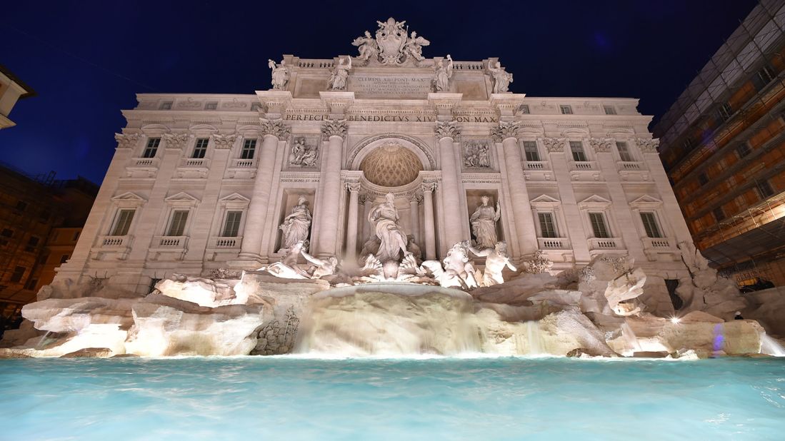 <strong>Trevi fountain, Rome:</strong> Legend has it that a coin thrown over the shoulder into Trevi fountain will ensure the visitor's return to Rome. Around 3,000 euros a day are tossed into the Baroque baths, retrieved nightly for charity. The travertine fountain, finished in 1762, stands at the end of the ancient Aqua Virgo aqueduct at the junction of three streets ("tre vie"), hence the name.