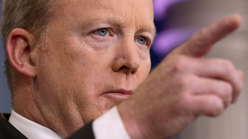 WASHINGTON, DC - MAY 15: White House Press Secretary Sean Spicer calls on reporters during the daily press breifing at the White House May 15, 2017 in Washington, DC. Reporters continued to press Spicer about President Donald Trump's Tweet about the possible existence of taped conversations at the White House but he refused to comment. (Photo by Chip Somodevilla/Getty Images)