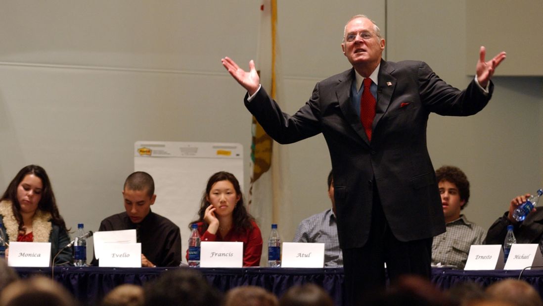 In 2004, Kennedy speaks to high school students at the Ronald Reagan Presidential Library in Simi Valley, California.