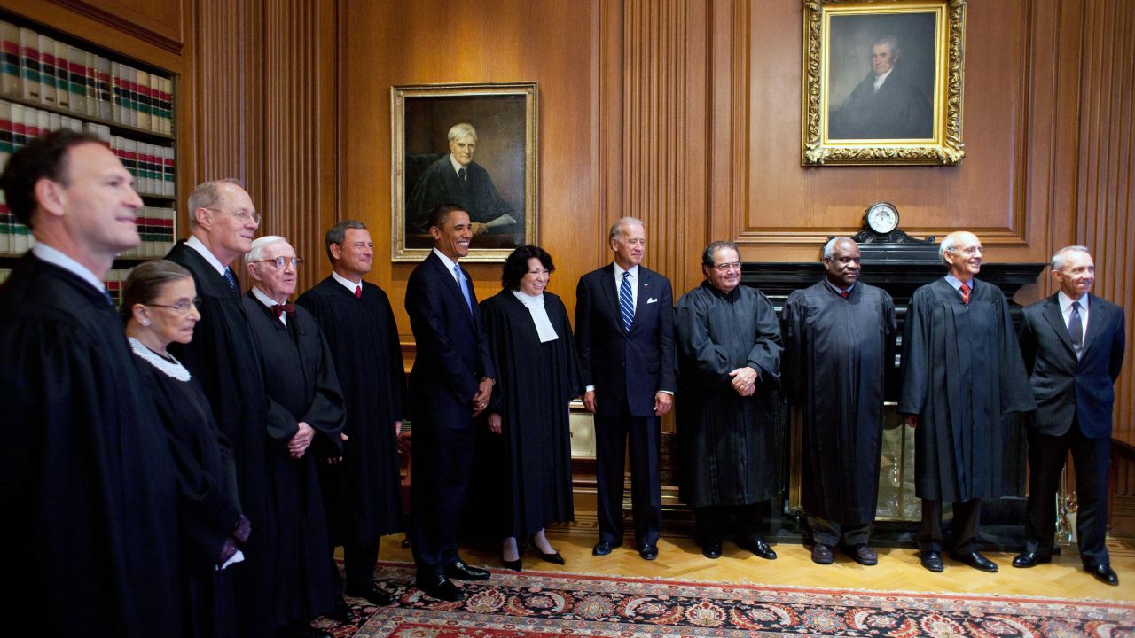 The Supreme Court meets with President Barack Obama and Vice President Joe Biden in September 2009. From left are Samuel Alito, Ruth Bader Ginsburg, Kennedy, John Paul Stevens, Chief Justice John Roberts, Obama, Sonia Sotomayor, Biden, Antonin Scalia, Clarence Thomas, Stephen Breyer and retired Justice David Souter.