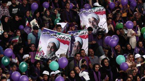 Rouhani supporters rally during a campaign gathering in northwest Iran on Tuesday. 