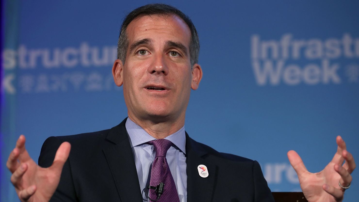 Los Angeles Mayor Eric Garcetti participates in a panel discussion during the US Chamber of Commerce's 'Infrastructure Week' program on May 15, 2017, in Washington.