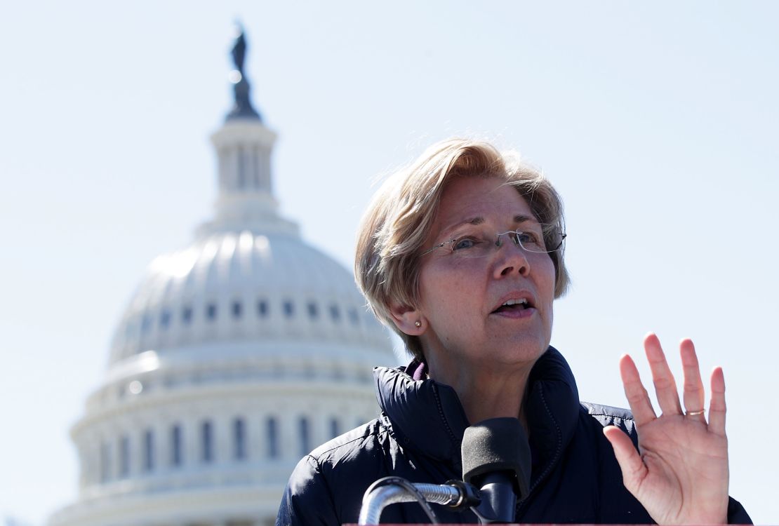 Sen. Elizabeth Warren (D-MA) speaks during a rally in front of the Capitol in March. (Photo by Alex Wong/Getty Images)