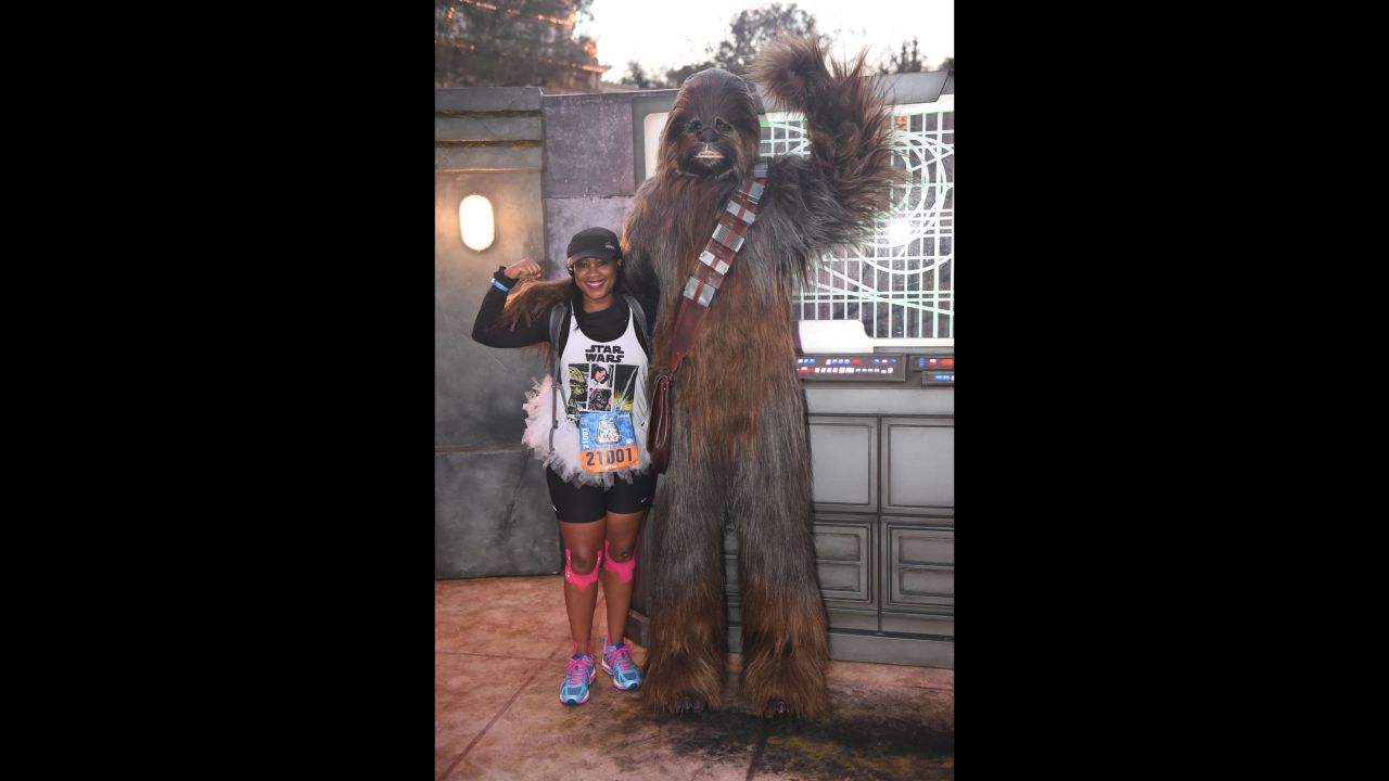 There are cameos by "Star Wars" characters, both official and non-. This is the half-marathon where you get a chance to hug Chewbacca and high-ive Lando Calrissian.