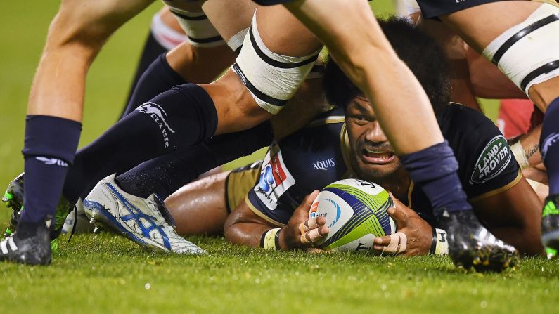 The Brumbies' Henry Speight holds onto the ball during a Super Rugby match in Canberra, Australia, on Friday, May 12.