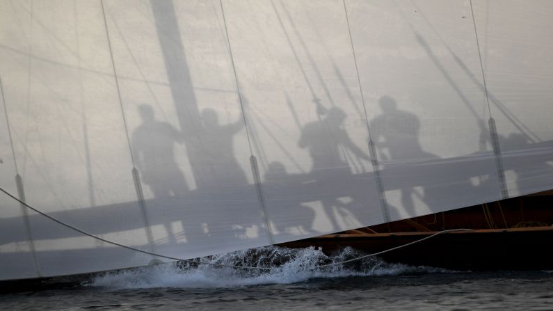 Sailors practice Saturday, May 13, ahead of the Al Gaffal dhow race, which takes place annually off the coast of Dubai in the United Arab Emirates.