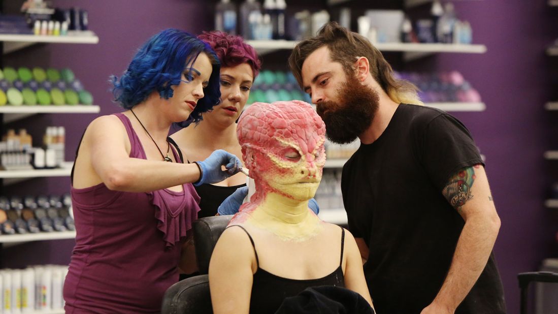 Due to the cyclical depiction of extraterrestrials in films, the portrayal of aliens in films decades from now may not look too different from what we are seeing today. Above, makeup artists work on a character appearing in season 11 of Syfy's "Face Off" show.