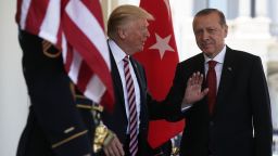 U.S. President Donald Trump welcomes Turkish President Recep Tayyip Erdogan outside the West Wing of the White House in May