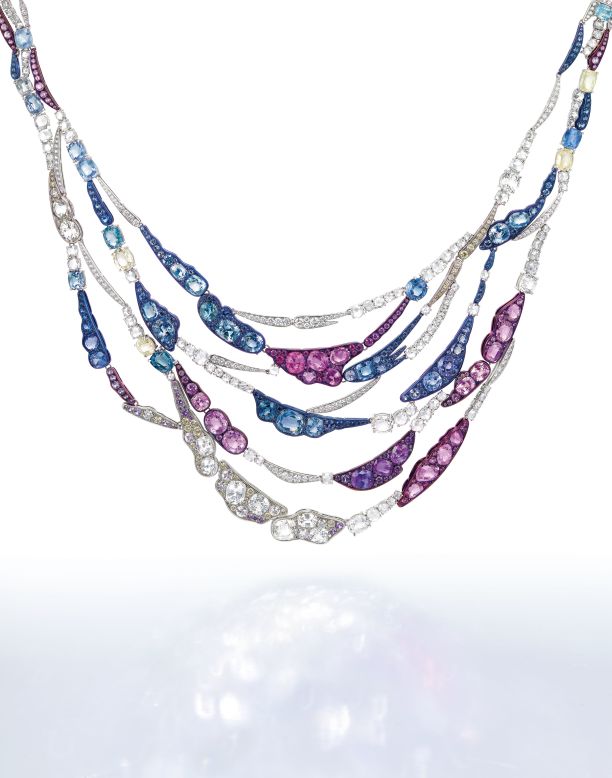 Set with an array of unheated sapphires from pink and purple to light yellow, this design by Michelle Ong takes after the "free-flowing color palette and brush strokes" of Impressionist paintings. Each link is movable -- "so it stays close to the body, regardless of the kind of neckline," Ong says.