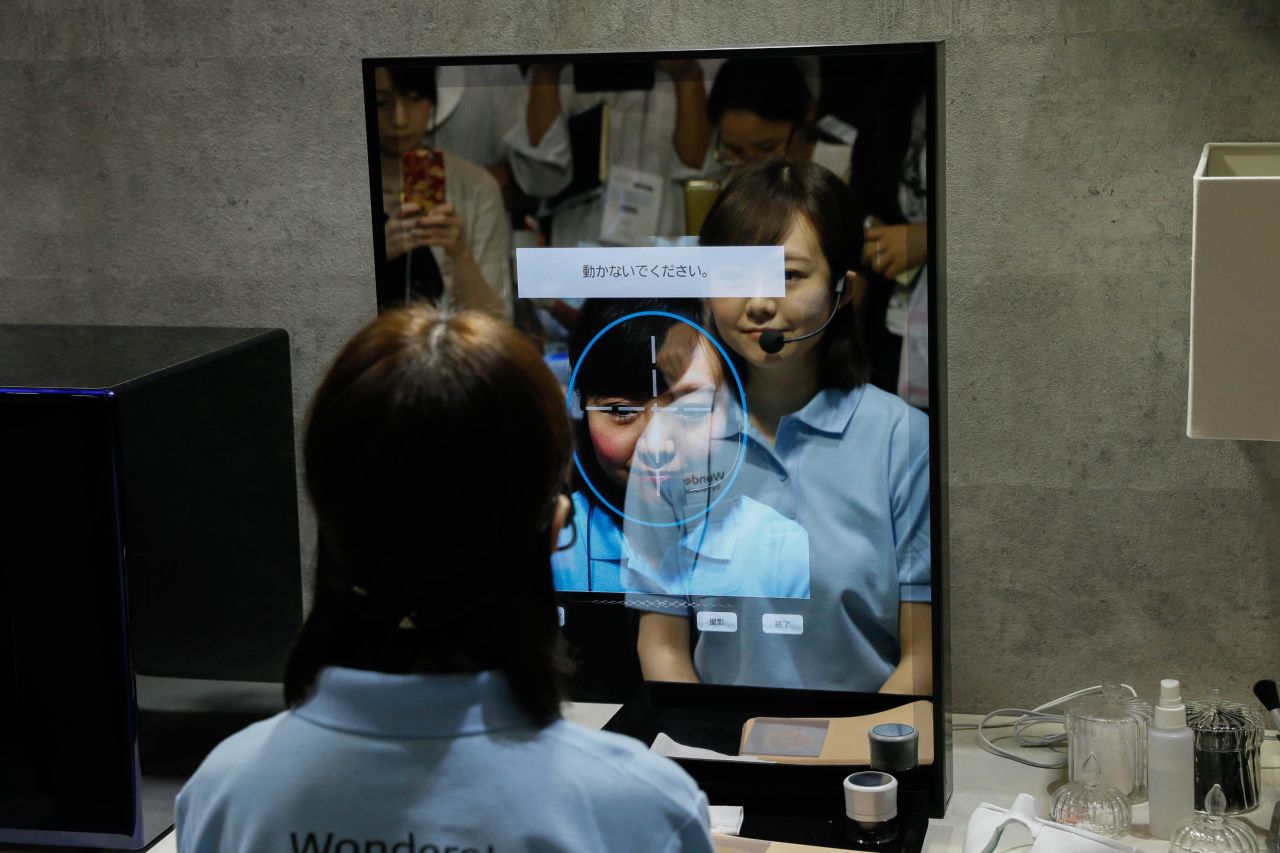 Not your ordinary looking glass -- this mirror detects wrinkles, redness, pores and sun damage, and offers a range of suitable products to address them. <br /><br />This Panasonic device also lets you virtually try out a variety of makeup looks -- and mustaches --  in the mirror. You can event print out the makeup, set on a sheet like a temporary tattoo, from a 3-D printer and stick it on your face.<br /><br />The Smart Mirror debuted in October 2016 at the Combined Exhibition of Advanced Technologies in Japan. <br />