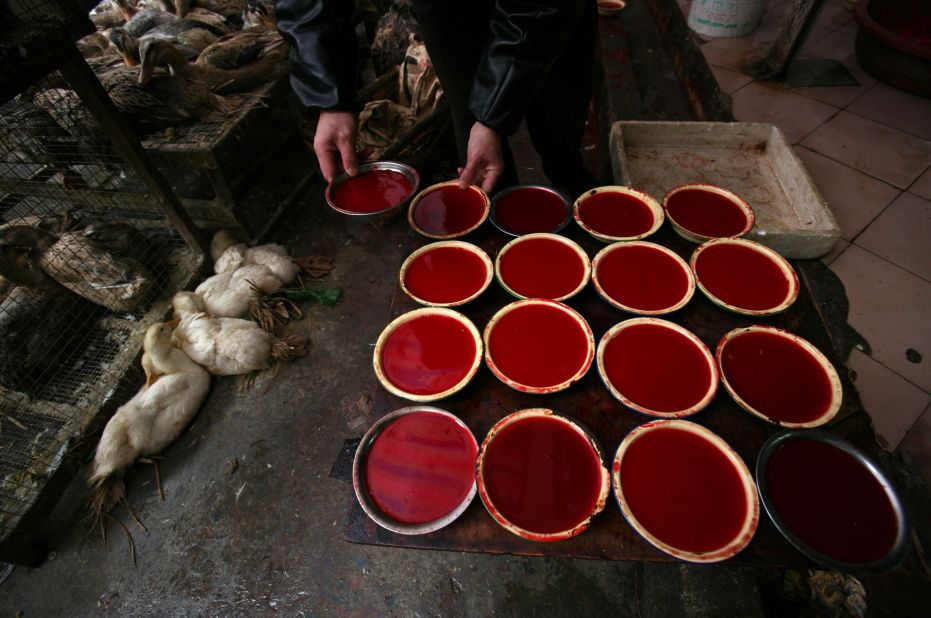 <strong>Duck soup: </strong>Duck blood, sold on the streets of Chongqing Municipality, China. Blood use varies in China, but it's a staple in many soups and stocks in Shanghai and Nanjing, and an example of a modern-day delicacy with modest origins. The other common use is in congealed cubes, as seen in Vietnam.
