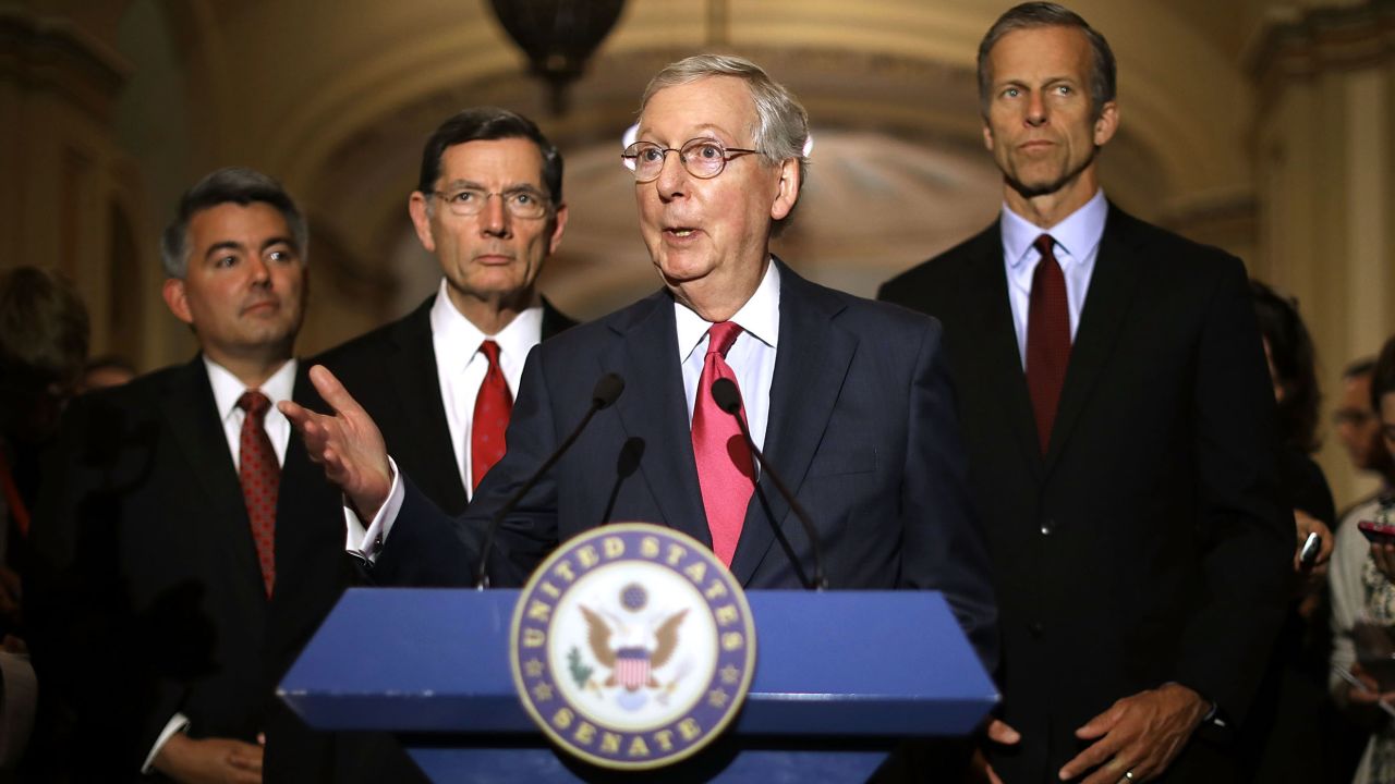 Senate Majority Leader Mitch McConnell talks to reporters with Sen. Cory Gardner, Sen. John Barrosso, and Sen. John Thune, following their party's weekly policy luncheon at the U.S. Capitol May 16, 2017 in Washington, DC. Many Republican and Democratic senators expressed frustration and concern about how President Donald Trump may have shared classified intelligence with the Russian foreign minister last week at the White House.  