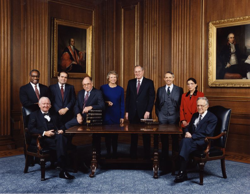 This informal group photo was taken of the US Supreme Court in December 1993. From left are Clarence Thomas, John Paul Stevens, Antonin Scalia, Chief Justice William Rehnquist, Sandra Day O'Connor, Anthony Kennedy, David Souter, Ginsburg and Harry Blackmun.