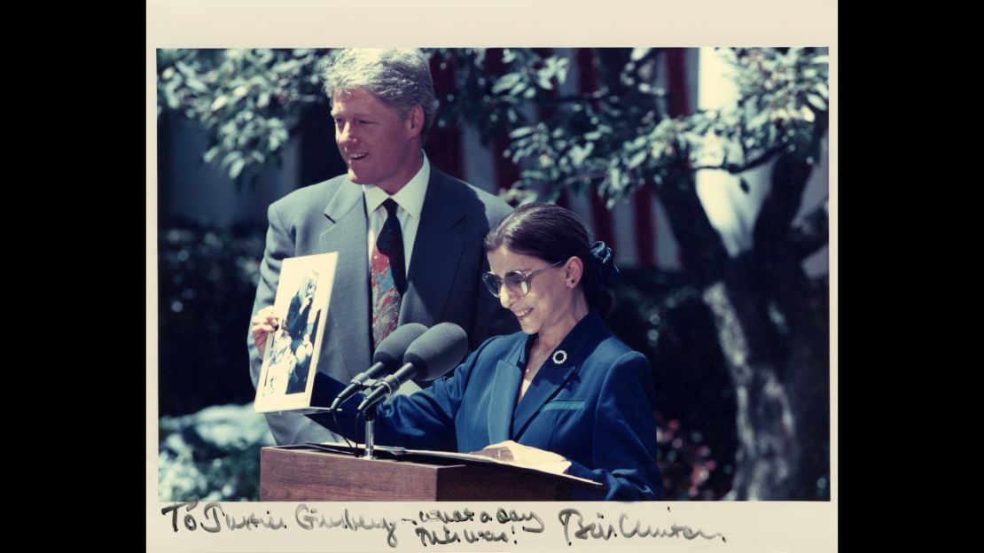 President Bill Clinton and Judge Ruth Bader Ginsburg at White House Rose Garden announcement of her nomination to the US Supreme Court, June 14, 1993. 