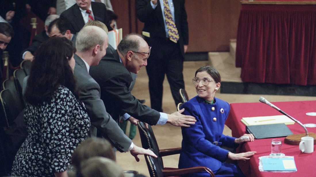 Ginsburg is greeted by her husband during her confirmation hearing before the Senate Judiciary Committee.