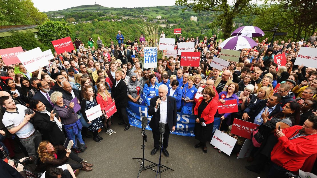 Labour Party leader Jeremy Corbyn addresses a crowd at a campaign rally on May 16 in Huddersfield.