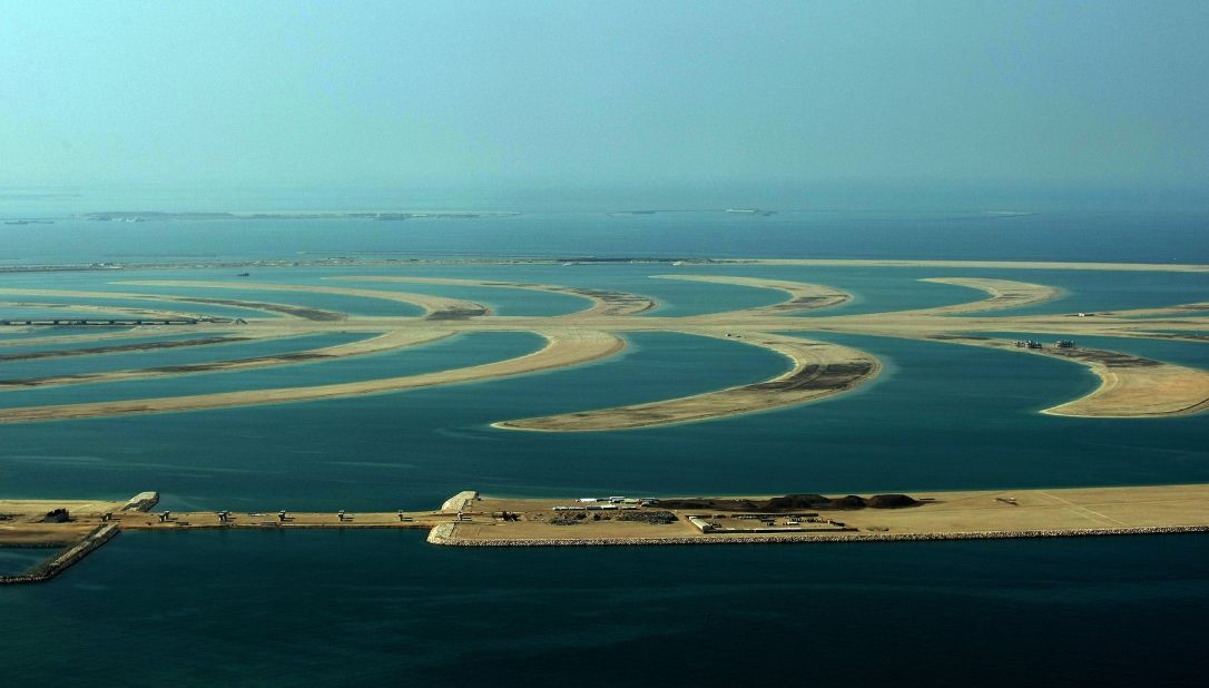 An aerial view shows an unfinished area of the human-made Palm Jebel Ali island built by Nakheel property giant off the coast of the Gulf emirate of Dubai. Following the financial crisis of 2008 the project was put on hold. 