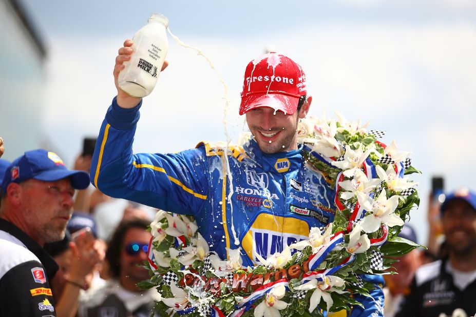 The race is rich with tradition. A bottle of milk has been presented to the winner ever since Louis Meyer, who won three titles between 1928-1936, requested a glass following his triumph in 1936. Here, Rossi douses himself after his 2016 victory.