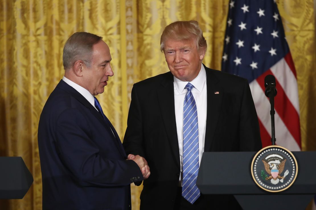 Trump and Netanyahu shake hands during a joint news conference at the White House in February.