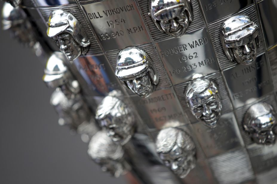 The Borg-Warner trophy is one of the most magnificent and unusual in sport, with a three-dimensional portrait of each winner's face carved on the surface.  <br />