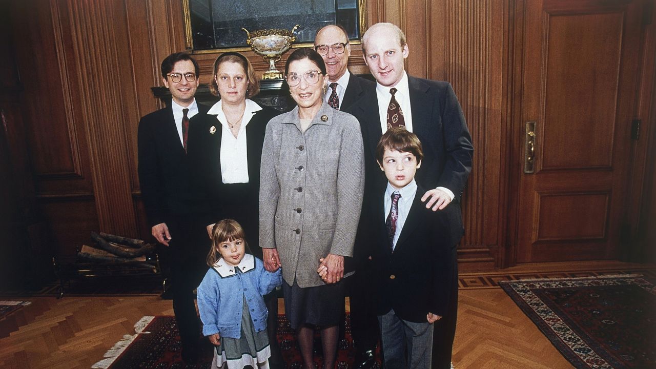 Ginsburg poses with family members at the Supreme Court in October 1993. With Ginsburg, from left, are her son-in-law, George Spera; her daughter, Jane; her granddaughter Clara Spera; her husband, Martin; her son, James; and her grandson Paul Spera.