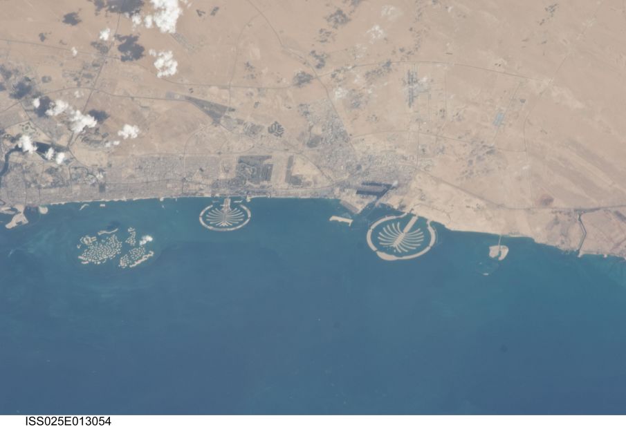 The three human-made artificial archipelagos in Dubai (from left): the World Islands, Palm Jumeirah and Palm Jebel Ali.  