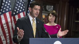 House Speaker Paul Ryan accompanied by Rep. Cathy McMorris Rodgers takes questions from reporters at Republican National Committee Headquarters in Washington, Wednesday, May 17, 2017. Ryan said Congress "can't deal with speculation and innuendo" and must gather all relevant information before "rushing to judgment" on President Donald Trump's firing of FBI Director James Comey.